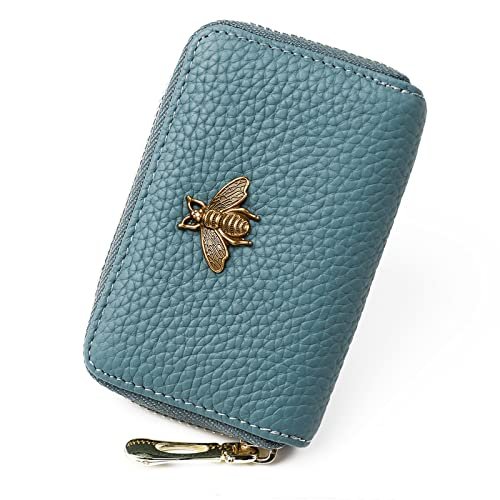imeetu Etui na karty kredytowe RFID, mały skórzany portfel na karty z zamkiem błyskawicznym dla kobiet, B-Peacock Blue, S, klasyczny
