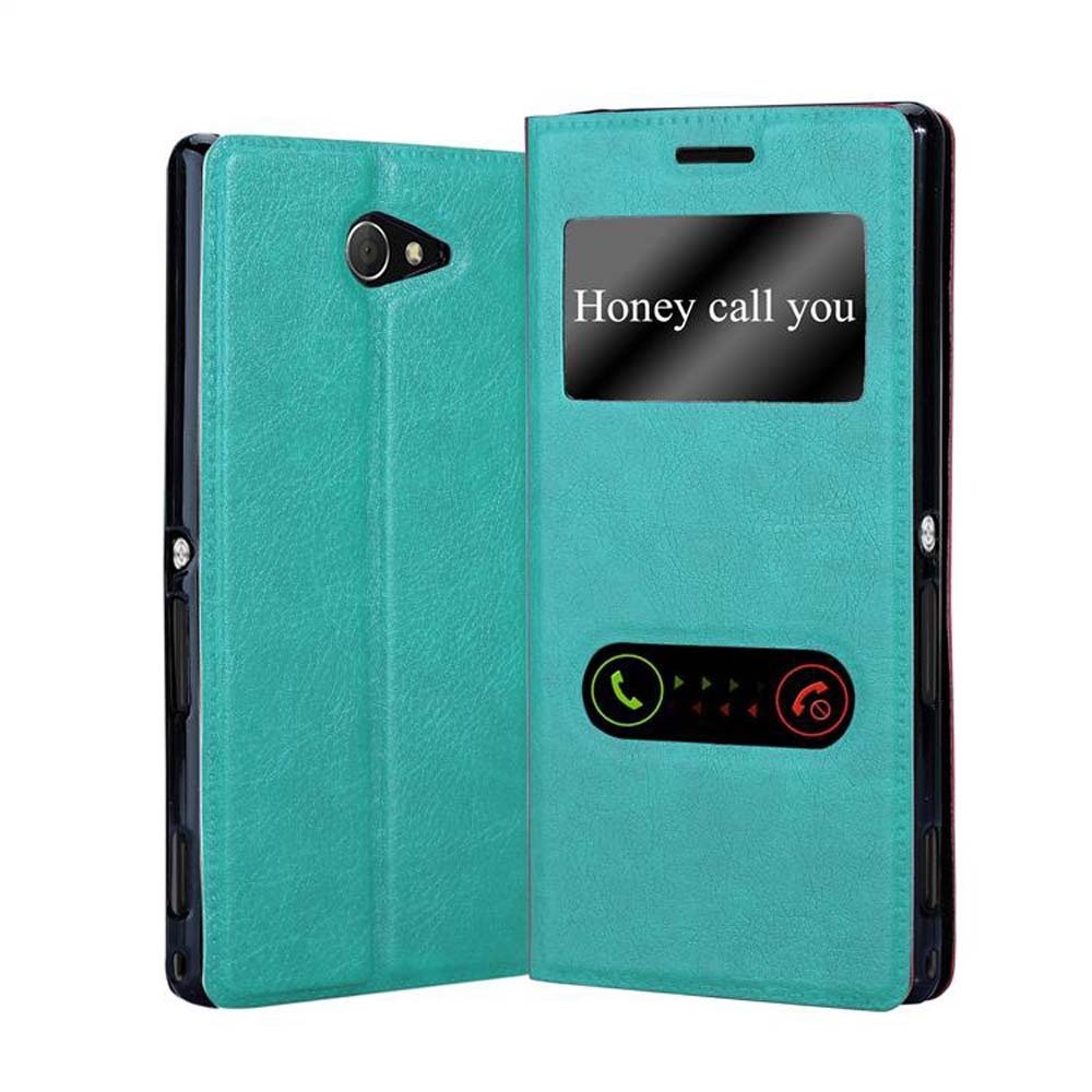 Etui Cadorabo do telefonu komórkowego Sony Xperia M2 / M2 AQUA w kolorze MINT TURQUOISE z zapięciem magnetycznym, funkcją podstawki i 2 okienkami do podglądu Etui Okładka ochronna Etui z klapką w stylu książki