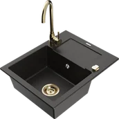 Zlewozmywaki z baterią - Mexen Enzo zlewozmywak granitowy 1-komorowy z ociekaczem i baterią kuchenną Telma, czarny/złoty - 6506-75-670200-50 - miniaturka - grafika 1