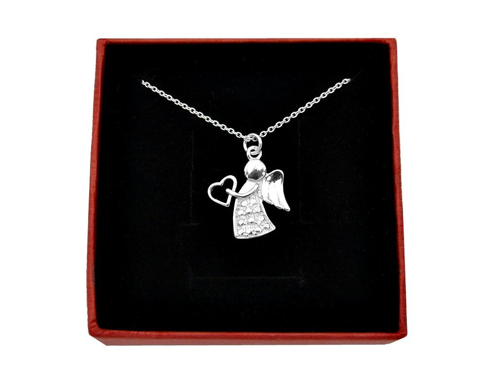 Srebrny naszyjnik aniołek z sercem + pudełko