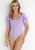 Body - Fioletowe Prążkowane Body z Bufiastymi Rękawami Teasea - miniaturka - grafika 1