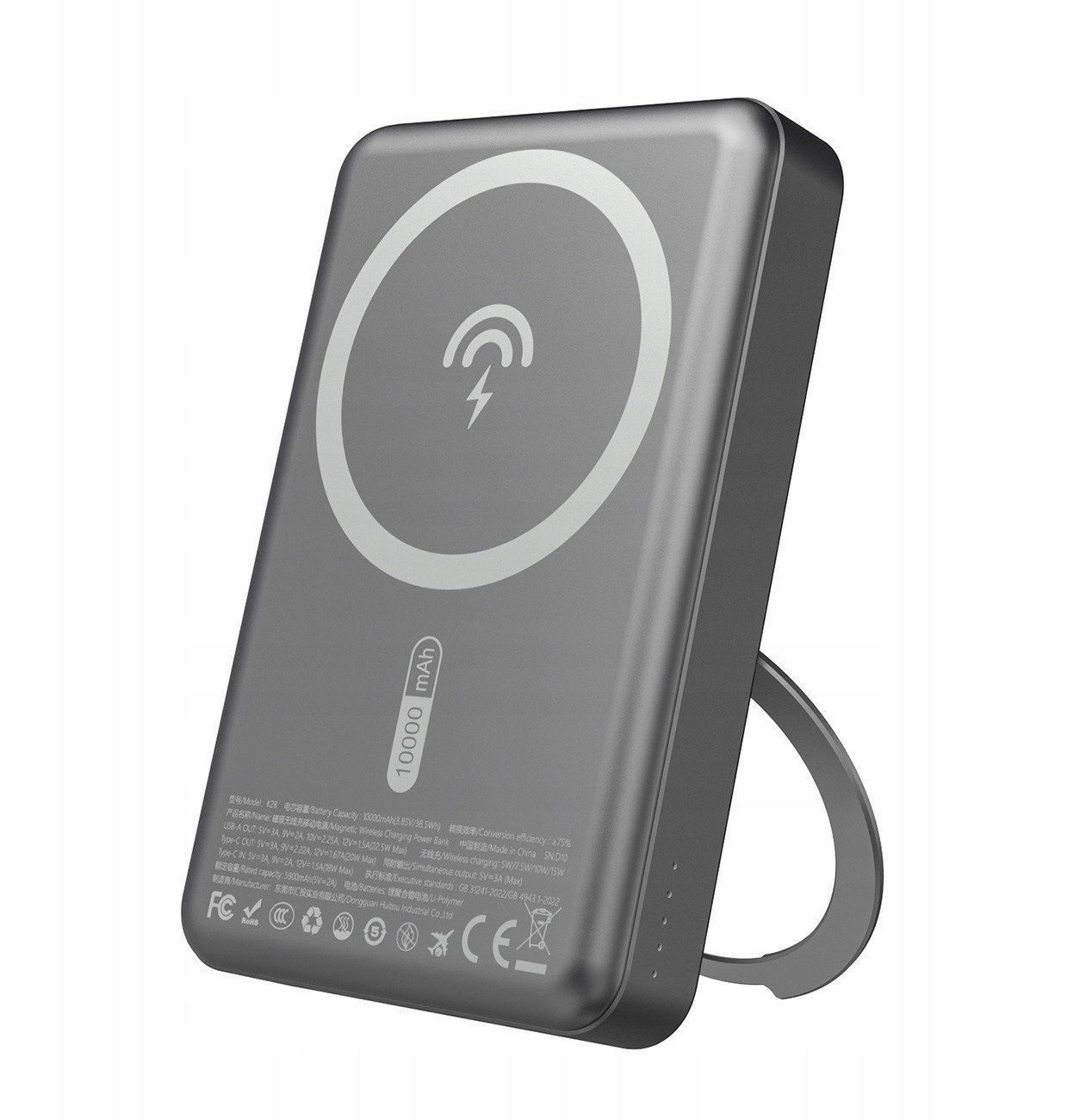 Dudao K28 10000mAh PD 22.5W z MagSafe z metalową obudową i pierścieniem-podstawką - szary