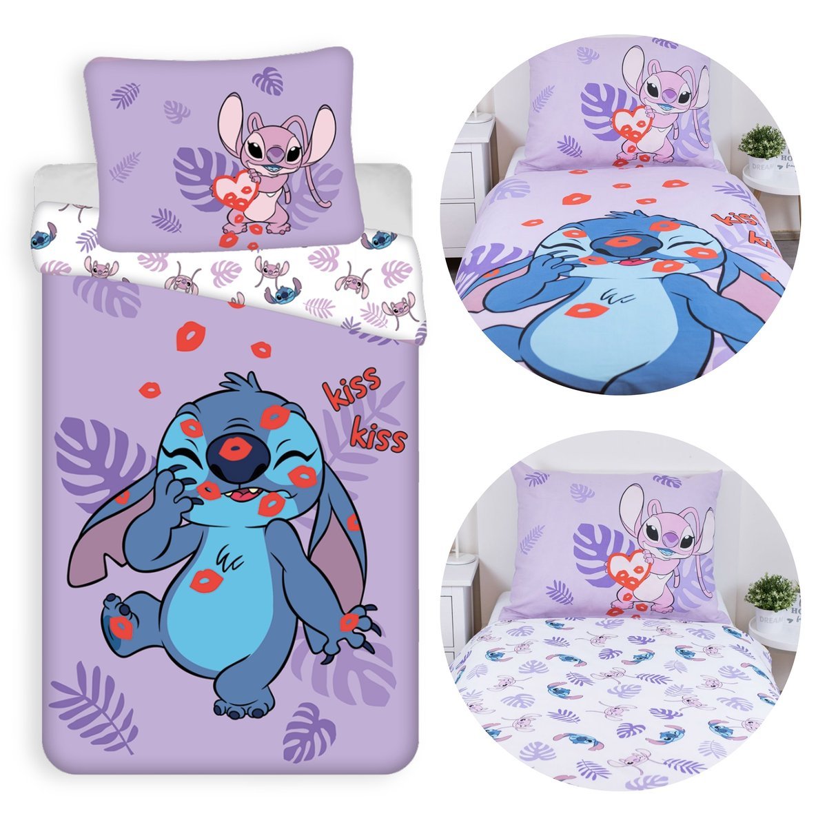DISNEY Stitch Fioletowo-biała DWUSTRONNA, bawełniana pościel dziecięca na zamek, 100% BAWEŁNA 140x200cm+70x90cm OEKO-TEX