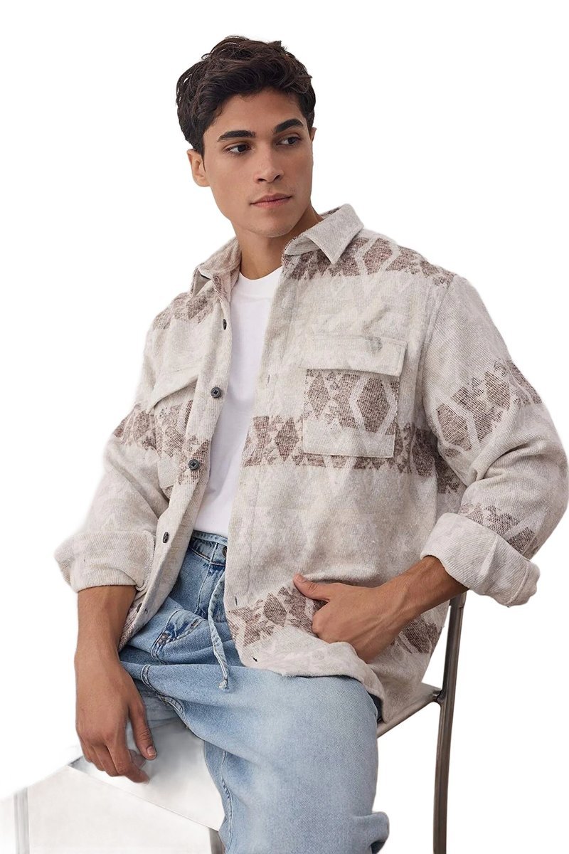 TRENDYOL MAN KOSZULA MĘSKA CASUAL WZÓR ORNAMENT BEŻOWA DŁUGI RĘKAW XS 5DA