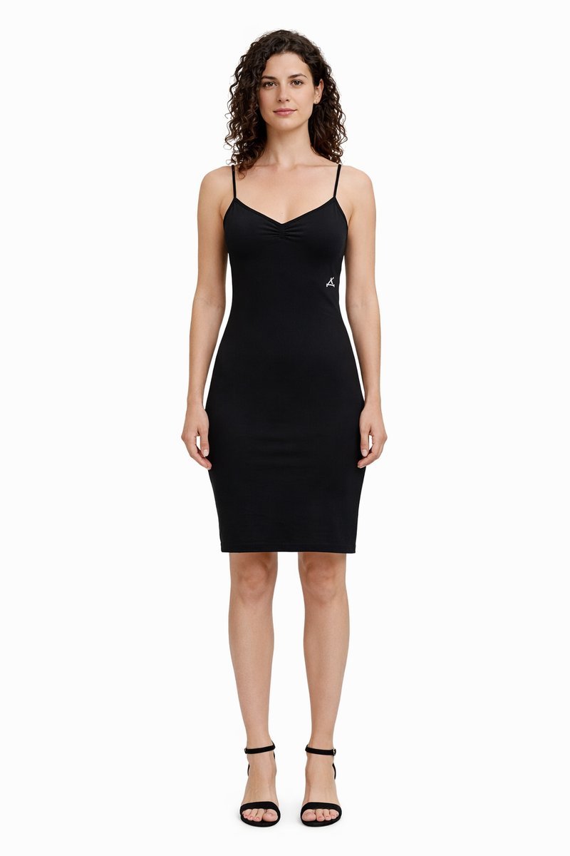 CALVIN KLEIN CZARNA PROSTA SUKIENKA NA RAMIĄCZKACH Z ŻABOTEM S I3A