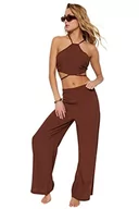 Koszule damskie - Trendyol Damska koszula damska, jednokolorowa, tkana, dwuczęściowy zestaw, Brązowy, 38 - miniaturka - grafika 1