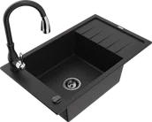 Zlewozmywaki z baterią - Mexen Elias zlewozmywak granitowy 1-komorowy z ociekaczem i baterią kuchenną Savita, czarny - 6511-77-672601-70-B - miniaturka - grafika 1