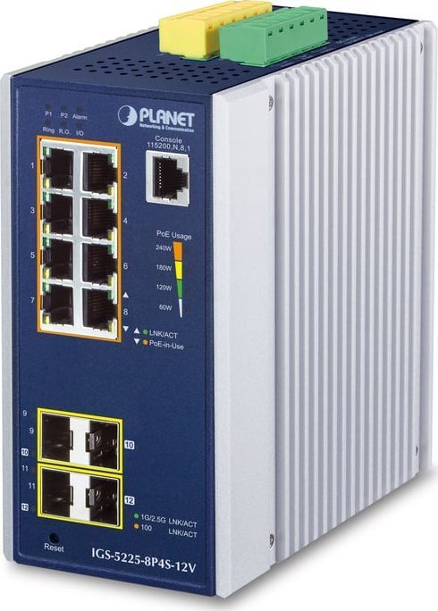 Planet PLANET Industrial 8-Port GE PoE+ 2*1G SFP+ 2*2,5G SFP - 8-Port Zarządzany L2+ Gigabit Ethernet 10/100/1000 Obsługa PoE Aluminium, Niebieski IGS-5225-8P4S-12V