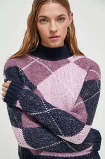 Swetry damskie - Superdry sweter damski kolor granatowy ciepły z półgolfem - grafika 1