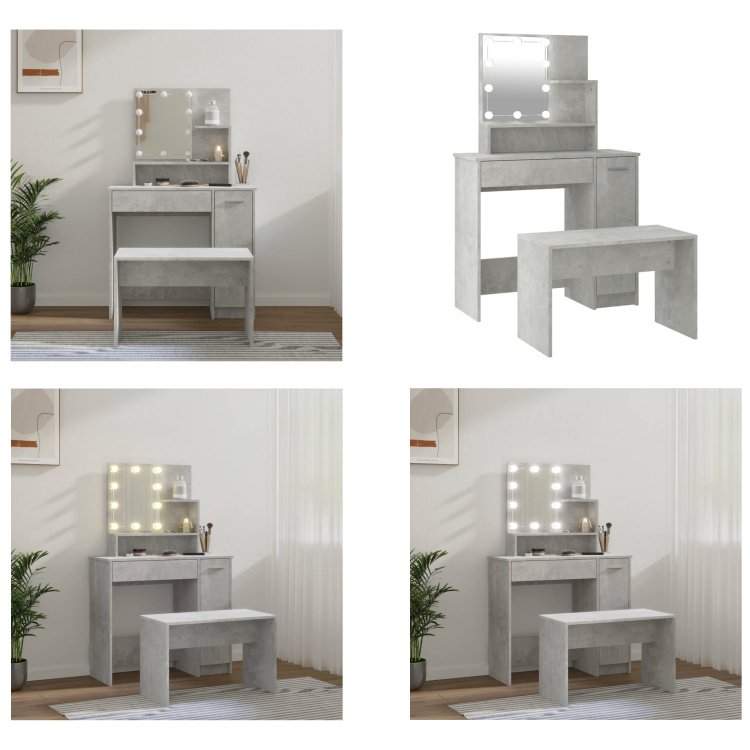 vidaXL Zestaw toaletek z LED z szarego drewna - Zestaw toaletek z LED - Zestawy toaletek z LED - Zestaw toaletek - Toaletka z lustrem