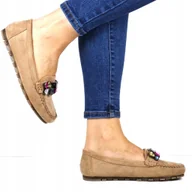 Mokasyny damskie - MOKASYNY ZAMSZOWE DAMSKIE Z KAMIENIAMI KHAKI CIEMNO BEŻOWE WYGODNE MIĘKKIE - miniaturka - grafika 1