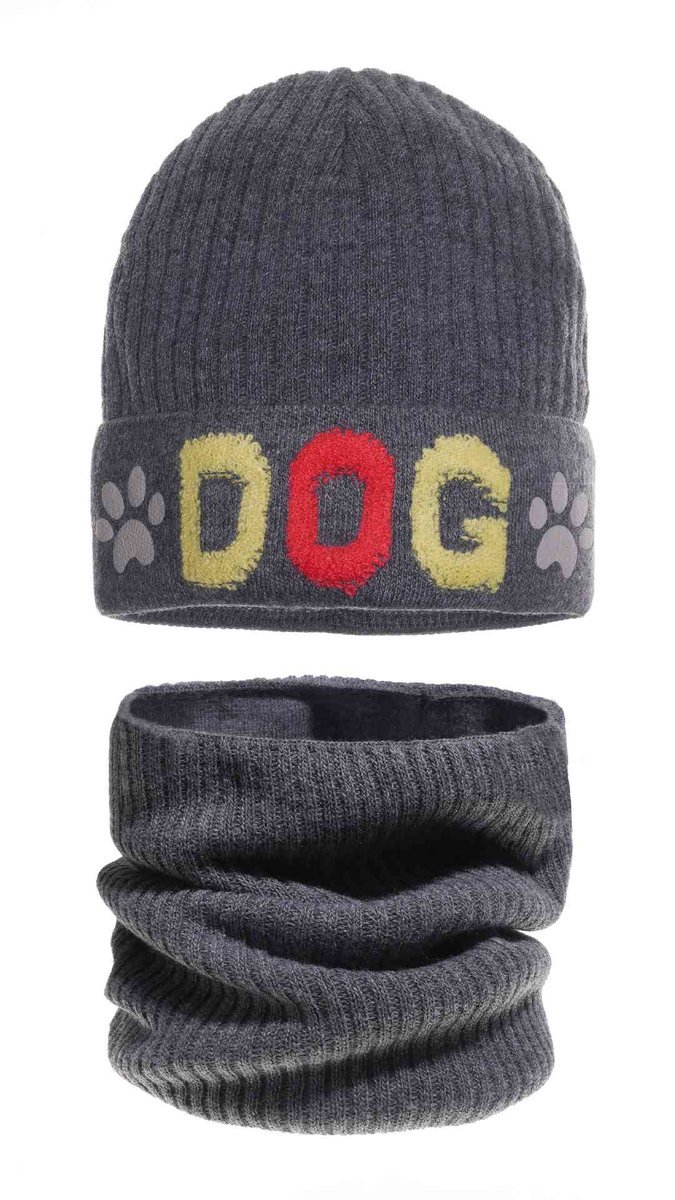 Chłopięcy komplet czapka z napisem DOG + komin szary Ambra r.46/48