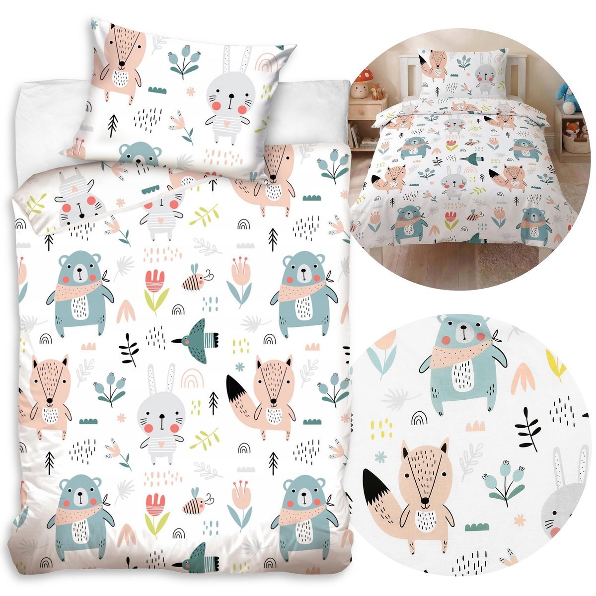 Zwierzątka leśne Biała, DWUSTRONNA, bawełniana pościel dziecięca na zamek, 100% BAWEŁNA 140x200cm+70x80cm OEKO-TEX