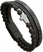 Bransolety męskie - Męska Skórzana Bransoletka z Koralikami Kamień Wulkaniczny Lawa - miniaturka - grafika 1