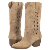 Kozaki damskie - Beżowe ażurowe kozaki kowbojki damskie Carinii B9583-R28 modne skóra r.37 - miniaturka - grafika 1