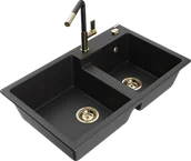 Zlewozmywaki z baterią - Mexen Tomas zlewozmywak granitowy 2-komorowy z baterią kuchenną Flora, czarny/srebrny metalik - 6516-73-670401-57-G - miniaturka - grafika 1