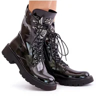 Botki damskie - S.Barski Lakierowane Botki Workery Ze Zdobieniem Ocieplane D&A MR880-080 Czarne - miniaturka - grafika 1