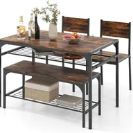Stoły z krzesłami - Zestaw 4 Prostokątnych Stołów do Jadalni z 2 Krzesłami, 1 Ławką, Półkami, Wytrzymałą Metalową Ramą, Jadalnia, Kuchnia, Rustykalny Brąz - miniaturka - grafika 1