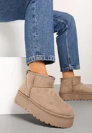 Śniegowce damskie - Ciemnobeżowe Niskie Śniegowce Ekozamszowe na Platformie Mocno Ocieplane Reathra - miniaturka - grafika 1