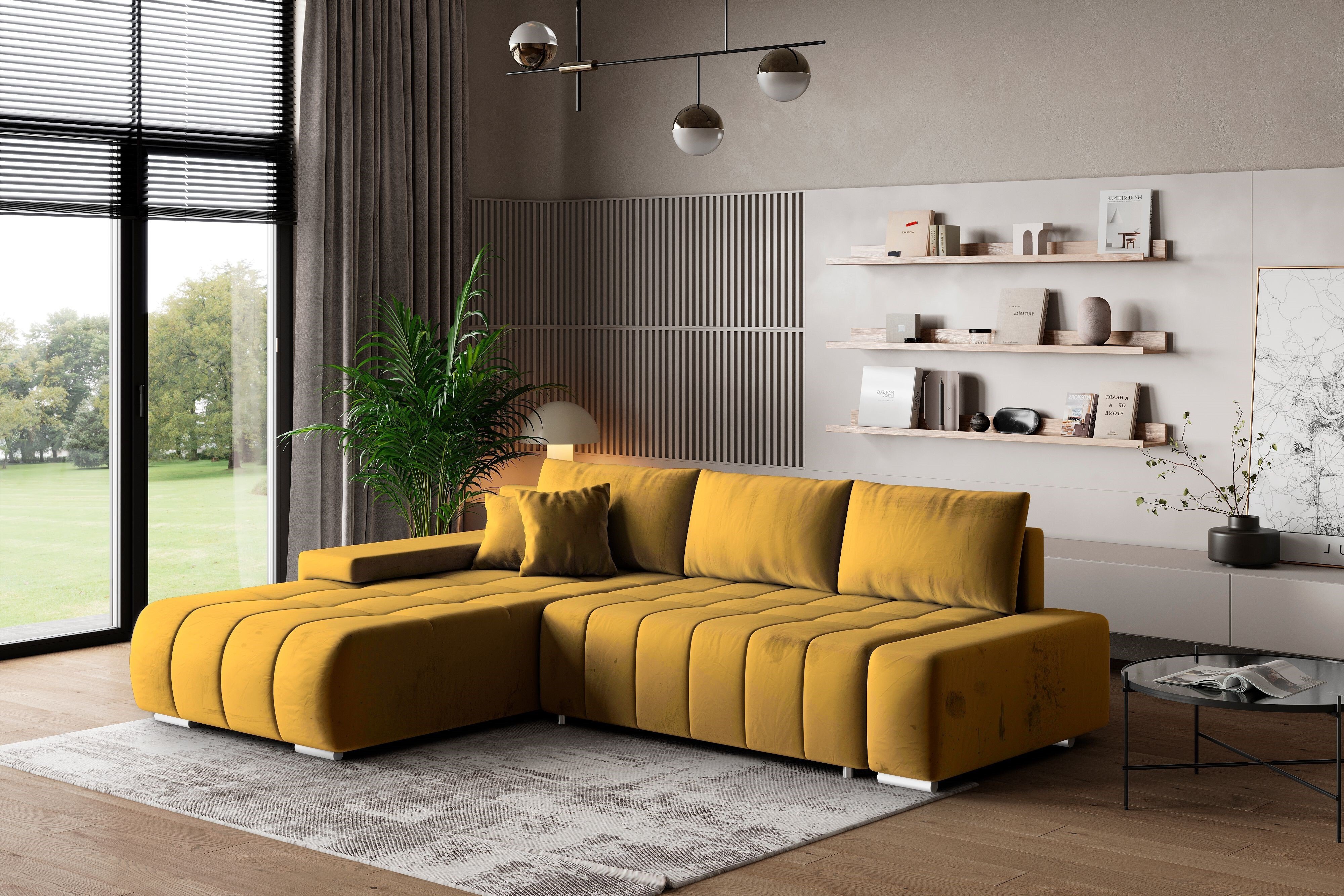 Masseno Narożnik ALESE L-S z funkcją spania i pojemnikiem na pościel Kształt L, Rozkładana sofa, Rogówka - Żółty, MONOLITH 48