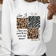 Bluzki damskie - TEMU Koszulka Damska z Długim Rękawem Slim Fit - Geometryczny Wzór Lamparta i Zebry z Napisem "Love Wild", Casualowa na Jesień/Zimę, Tylko Pranie - miniaturka - grafika 1