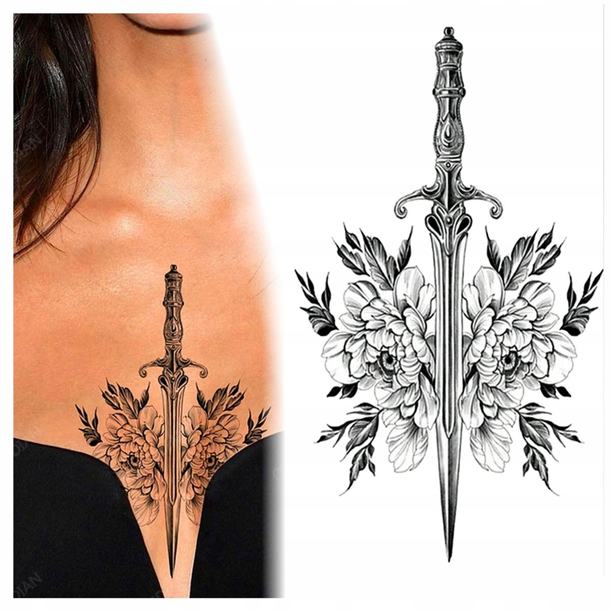 TATUAŻ MIECZ KWIATY WALKA ZMYWALNY TYMCZASOWY WODNY