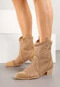 Botki damskie - Ciemnobeżowe Ażurowe Botki w Stylu Kowbojek na Stożku ze Skórzaną Wkładką Xalozi - miniaturka - grafika 1
