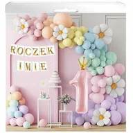 Baby shower i roczek - BALONY 1 URODZINY GIRLANDA BALONOWA KWIATKI ROCZEK IMIĘ BANER 162 ELEMENTY - miniaturka - grafika 1