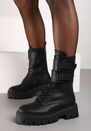 Botki damskie - Czarne Botki Workery na Grubej Podeszwie z Paskami na Rzep Sailita - miniaturka - grafika 1