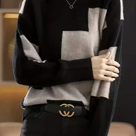 Bluzy damskie - TEMU Sweter Damski z Okrągłym Dekoltem w Kolorowe B - Czarno-Szary, Miękka i Ciepła Bluza na Jesień/Zimę, Wygodny Casualowy Top, Łatwy w Pielęgnacji, - miniaturka - grafika 1