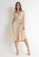 Sukienki - Beżowa Koszulowa Sukienka Midi z Guzikami i Materiałowym Paskiem Tetenai - miniaturka - grafika 1