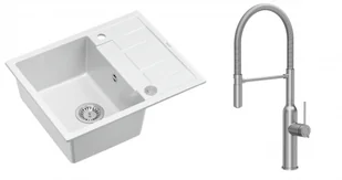 Quadron Unique Zlewozmywak granitowy jednokomorowy 62*50*22 cm z ociekaczem MORGAN 116 SNOW WHITE z syfonem Push-2-Open w kolorze stalowym z baterią MARILYN Q LINE z ruchomą wylewką kolor Stal szczotkowana - Zlewozmywaki z baterią - miniaturka - grafika 1