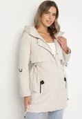 Kurtki damskie - Jasnobeżowa Klasyczna Kurtka Parka z Kapturem i Ściągaczem w Talii Tulasira - miniaturka - grafika 1
