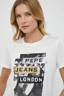 Koszulki sportowe damskie - Pepe Jeans t-shirt damski kolor beżowy - grafika 1