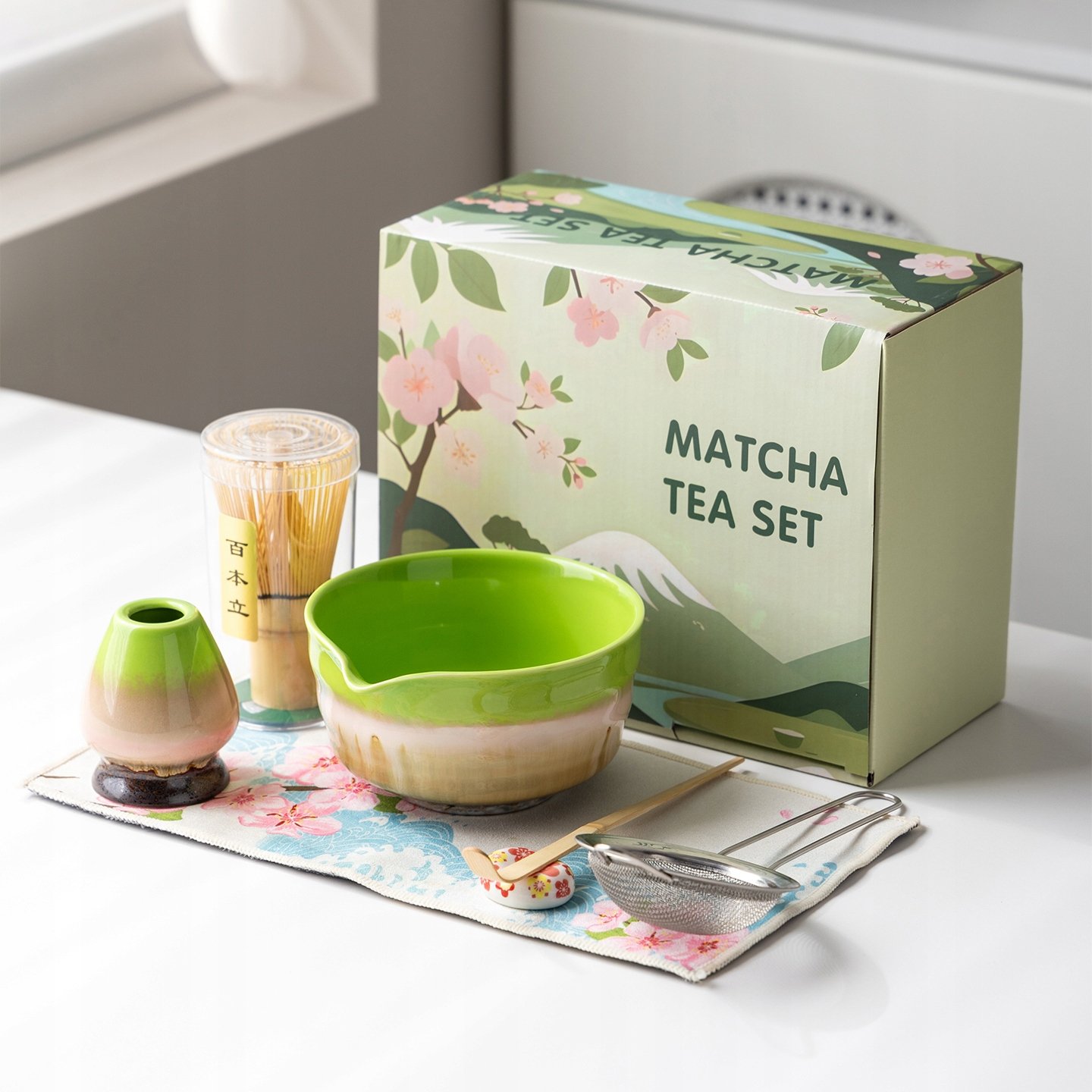 Zestaw prezentowy do herbaty matcha czarka miotełka bambusoey zielony