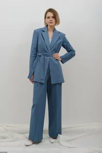 Spodnie damskie - Szerokie spodnie lniane niebieskiego koloru - grafika 1