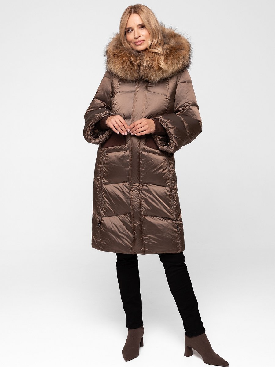 PIKOWANA OCIEPLANA KURTKA DAMSKA Z NATURALNYM OBSZYCIEM FUTREM JENOTA