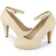 Czółenka - Allegra K Damskie czółenka z okrągłym noskiem na obcasie szpilkowym z paskiem na kostkę, BEŻOWY, 36.5 EU - miniaturka - grafika 1