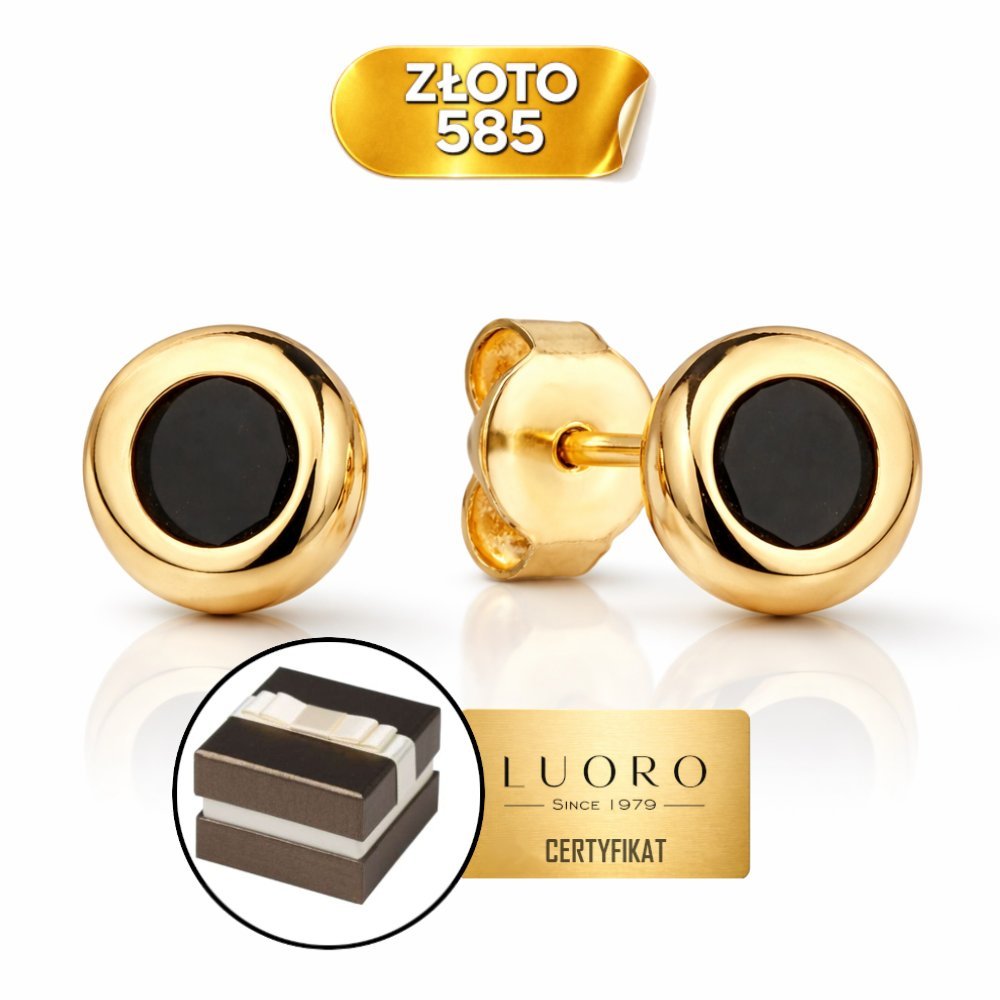 ZŁOTE KOLCZYKI 585 14K CZARNY KAMIEŃ KÓŁKO SZTYFT 6 MM ELEGANCKIE