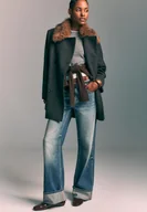 Płaszcze damskie - Stradivarius Płaszcz z kołnierzem ze sztucznego futra z wełną Ciemnoszary XS - miniaturka - grafika 1