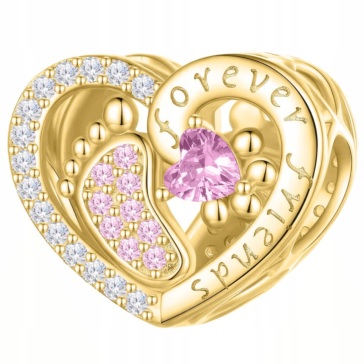 Złoty Charms Serce Stopy Stópki Forever Friends Bff z Cyrkoniami SREBRO 925