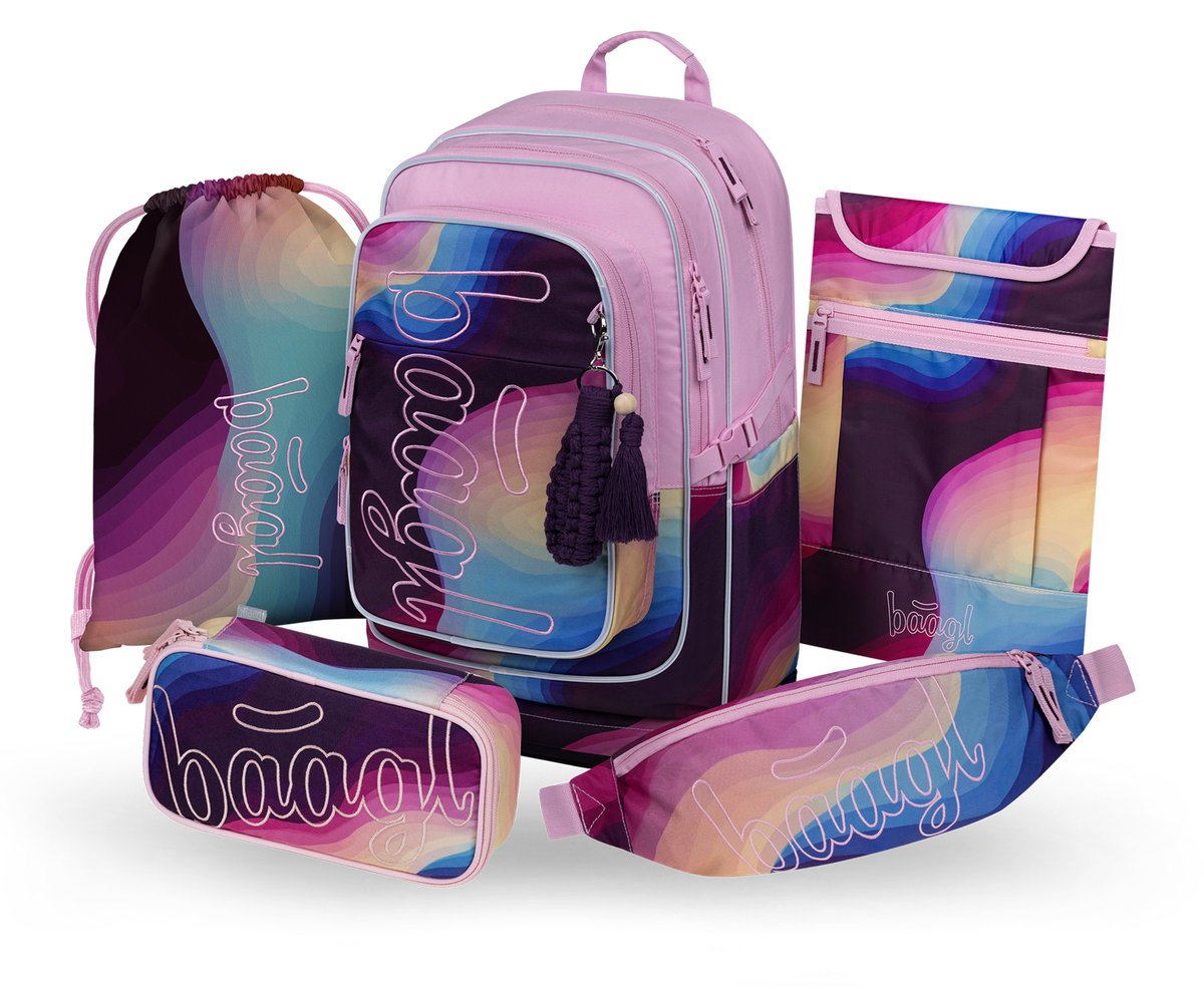 BAAGL Zestaw Szkolny 5w1 Plecak Ergonomiczny Cubic Lyra Różowy + Piórnik + Worek + Nerka + Etui na laptopa
