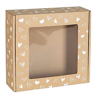 Kwadratowe pudełko fasonowe z okienkiem, pudełko prezentowe z białym nadrukiem serduszka 20x20x5 cm x1 - Zestawy upominkowe - miniaturka - grafika 1