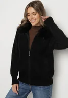 Swetry damskie - Czarny Kardigan z Wełną z Futrzanym Kołnierzem Zapinany na Suwak Sistte - miniaturka - grafika 1