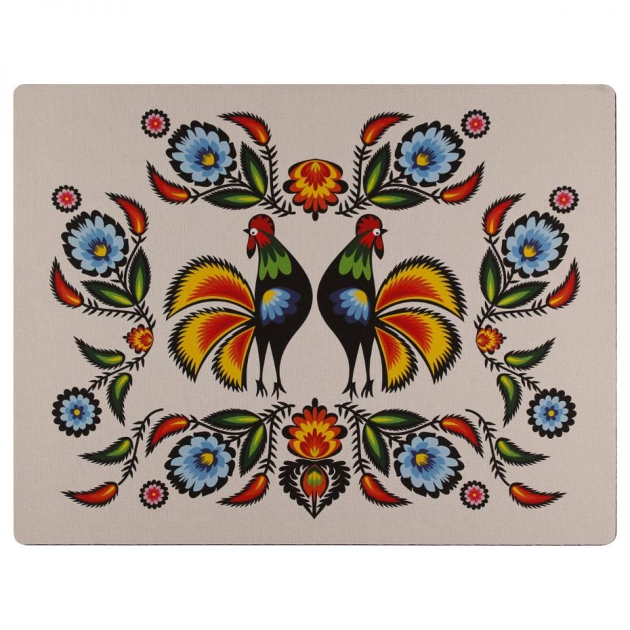 Podkładka pod mysz folk łowicki koguty pomarańczowe 48 x 38 cm beżowa