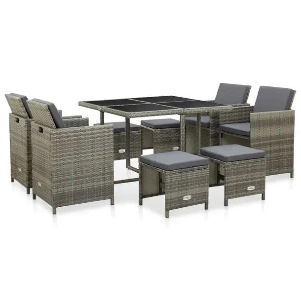 Zestaw Mebli Rattanowych 1 Stół, 4 Krzesła, 4 Stołki, Szary, 109x109x74