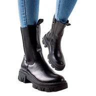 Botki damskie - Goodin Modne Wysokie Botki czarne - miniaturka - grafika 1