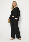 Komplety damskie - Czarny Wiskozowy Komplet Oversize Koszula i Spodnie z Gumką w Talii Natilira - miniaturka - grafika 1