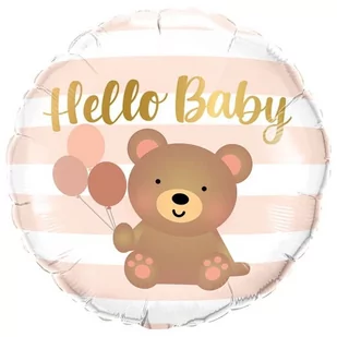 Balon foliowy Miś z balonikami Hello Baby okrągły, 46 cm - Baby shower i roczek - miniaturka - grafika 1