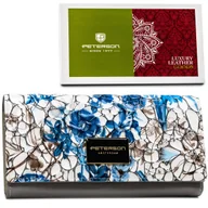 Portfele - Szary duży portfel damski z niebieskim kwiatowym motywem PETERSON lakierowana skóra naturalna rozbudowany na karty i gotówkę elegancki modny na prez.. - miniaturka - grafika 1